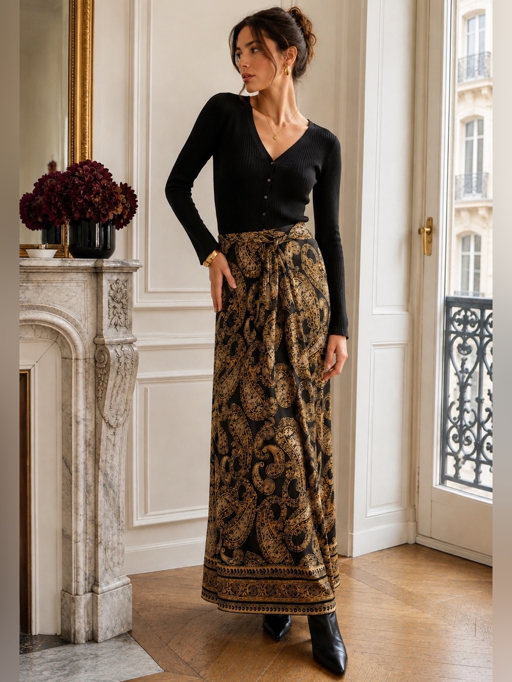 Vintage 90s Emanuel Ungaro 100% Silk Paisley Wrap Maxi Skirt Brown Gold Size 10